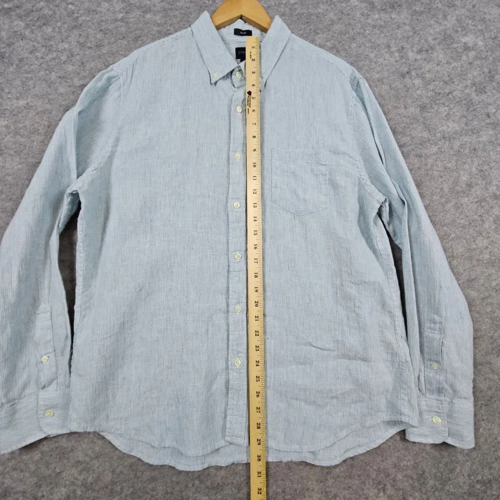 J Crew Green & White Striped Linen/Cotton Size‎ XL Slim Fit Shirt MINOR SNAGS